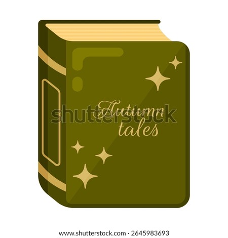 Flat vector illustration of a dark green book titled Autumn tales with glowing stars. Perfect for seasonal storytelling, cozy reading, and fall themes. Isolated on white background.