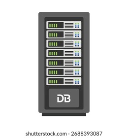 Uma ilustração vetorial plana de um rack de servidor de banco de dados cinza escuro. O gabinete contém várias unidades de servidor com luzes de status verdes brilhantes e as letras DB estão visíveis na parte inferior.