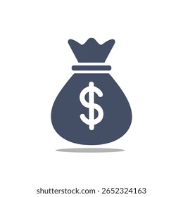 Flat vector illustration of a dark money bag with a white dollar sign, shadow below, on clean white background. Modern, minimal design for finance or economy concepts