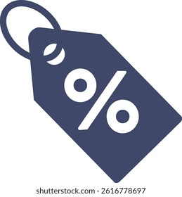 Flat vector illustration of a dark price tag featuring a percentage symbol, representing discounts, sales, promotions, and retail offers.
