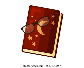 Flat vector illustration of a dark red book with moon and star symbols and reading glasses. Ideal for magic, fantasy, knowledge, reading, and autumn-themed projects. Isolated on white background.