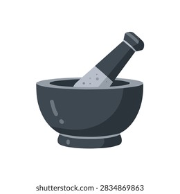 Flat vector illustration of a dark stone mortar and pestle for grinding herbs and spices