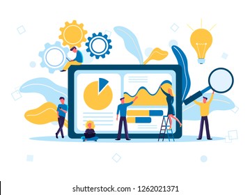 Flat vector illustration of data analysis design concept. Small people and laptop screen with data analysis graphs and charts, analysts working.