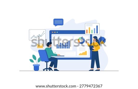 Flat vector illustration of data analysts reviewing dashboard reports, charts, and business analytics on desktop screen.