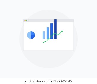 Flat vector illustration of data analytics concept. Dashboard with pie chart, bar chart, and line chart representing business report, statistics, and digital finance.