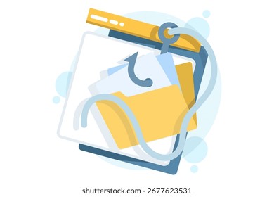 Ilustração vetorial plana do conceito de roubo de dados. Phishing e hackers representados por um gancho agarrando um símbolo de pasta, simbolizando arquivos roubados, violações de informações e riscos de segurança digital.