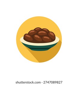 Flat vector illustration of dates fruit served on plate. Traditional Ramadan iftar food concept, perfect for Islamic celebration design, fasting theme, menu, poster and social media content.