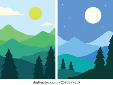 Flat vector illustration, daytime forest with green hills, pine trees, soft clouds in the sky. nighttime forest with blue tones, mountains, dark pine trees, a full moon, stars in the sky