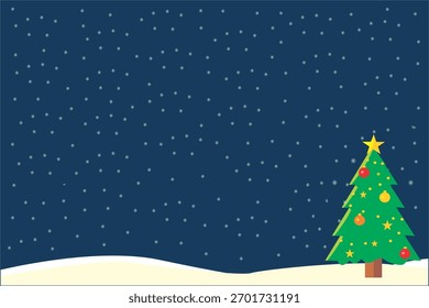 Ilustración vectorial plana de un árbol de Navidad decorado de pie en suelo nevado por la noche, con copos de nieve cayendo sobre un fondo azul oscuro.