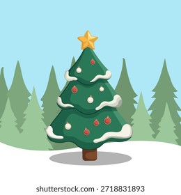 Ilustración vectorial plana de un árbol de Navidad decorado con capas de nieve, adornos y una estrella en la parte superior, colocada sobre un fondo invernal simple, adecuado para el diseño de vacaciones, tarjetas de felicitación, carteles, Anuncios y decoraciones de temporada
