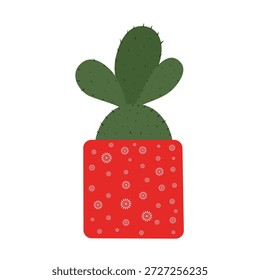 Ilustración vectorial plana de un cactus decorativo en una olla estampada. Elemento de planta de casa de estilo escandinavo para decoración moderna del hogar, carteles, impresiones y diseño de interiores.