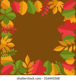 Flat vector illustration: Decorative different leaves frame isolated on golden background
