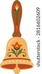 Flat vector illustration of a decorative handbell featuring floral folk art ornament and botanical details. Suitable for greeting cards, stickers, printable artwork, decorative collections, home decor, and traditional craft projects.