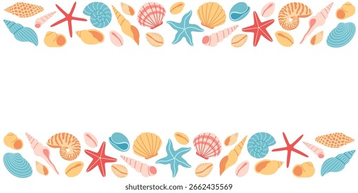 Ilustración vectorial plana de un marco de borde marino decorativo hecho de coloridas conchas marinas, estrellas de mar y Elementos del océano. Para el fondo, verano, mar, playa, vacaciones, tropical, diseño de la tarjeta. Dibujado a mano.