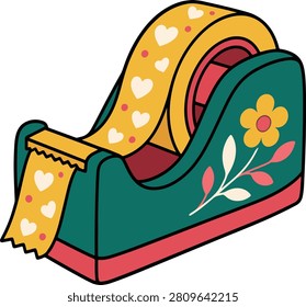 Flat vector illustration of a decorative ribbon dispenser with floral accents and a roll of gift wrapping ribbon, isolated on a white background for packaging and craft themes.