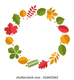 Flat vector illustration: Decorative tree leaves wreath (elm,  birch, alder, aspen, willow, maple, poplar, rowan, hawthorn, walnut, apple, oak, acacia, chestnut, conker) isolated on white background