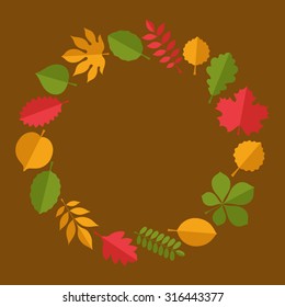 Flat vector illustration: Decorative tree leaves wreath (elm, beech, ash, linden, birch, alder, aspen, willow, maple,  poplar, rowan, acacia, chestnut, conker etc.) isolated on mustard background