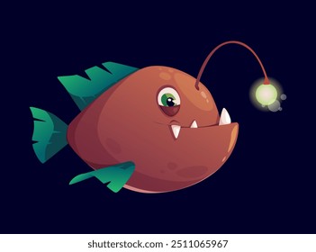 Flat vector illustration of a deep sea angler fish character design with a glowing lure and sharp teeth. The fish has big eyes and green fins against a dark blue background