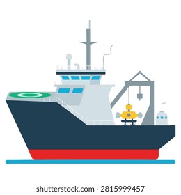 A flat vector illustration of a deep-sea research vessel equipped with a remotely operated vehicle and a helipad on deck.