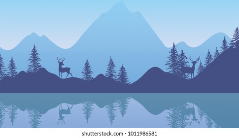Flat Vector Illustration With Deer in Fir Forest