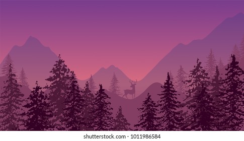Flat Vector Illustration With Deer in Fir Forest