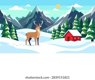 A flat vector illustration of a deer standing in snowy mountains near a cabin.