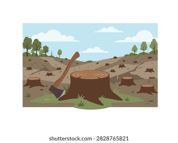Flat vector illustration of deforestation with tree stumps and an axe