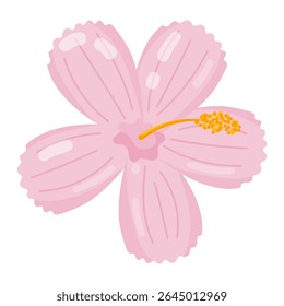 Ilustração vetorial plana de uma delicada flor tropical rosa com cinco pétalas e um estame amarelo. Perfeito para temas de natureza, verão, florais ou jardim exótico. Adiciona um toque natural suave e vibrante ao des