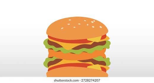 Ilustración vectorial plana de deliciosa hamburguesa con capas, apta para menú de comida, restaurante y diseños de comida rápida.