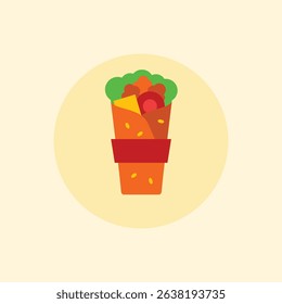 Flat vector illustration of delicious burrito wrap with vegetables and meat, isolated on light circle background.