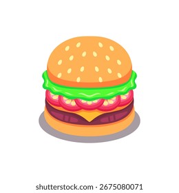 Ilustración vectorial plana de una deliciosa hamburguesa con queso de dibujos animados. Perfecto para comida, restaurante y temas culinarios