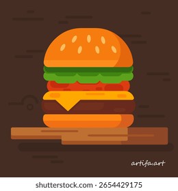 Ilustração vetorial plana de um delicioso cheeseburger com alface, tomate, queijo e empada de carne, colocado em uma placa de madeira. Estilo simples e colorido, perfeito para ícones de comida ou design de menu.