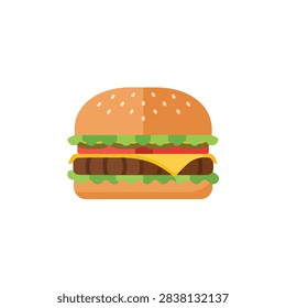 Flat vector illustration of a delicious double cheese burger with fresh vegetables on white background