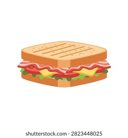 Flat Vector Illustration of a Delicious Grilled Bacon Cheese Sandwich with Tomato and Lettuce Isolated