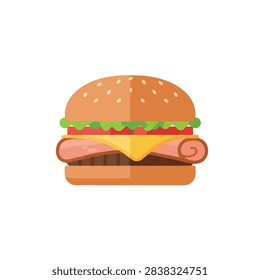 Flat Vector Illustration of a Delicious Hamburger with Cheese and Ham on White Background