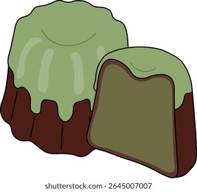Ilustração vetorial plana de uma deliciosa sobremesa de canelé com sabor de matcha com esmalte de chá verde e um preenchimento verde suave.