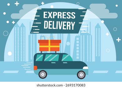 Flache Vektorgrafik eines Lieferwagens, der eine große Kiste auf dem Dach trägt und mit dem Text "Express Delivery" durch ein modernes Stadtbild fährt.Konzept für den Geschenklieferdienst oder den Online-Einkauf