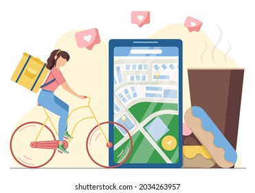 Flat vector illustration of the delivery of hot pastries and authors coffee to the house during the period of quarantine and self isolation. Vector illustration