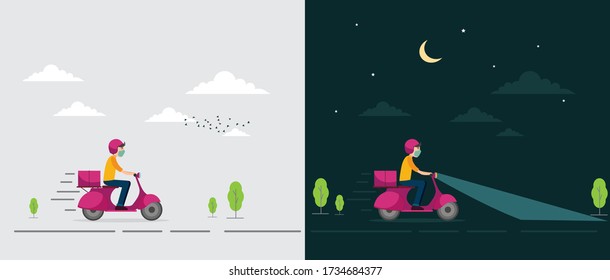 Flat vector illustration of delivery man at day and night backgrounds. Delivery man with Face mask and Scooter bike isolated vector with different time backgrounds. Delivery service at day and night
