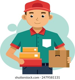 Flache Vektorillustration eines Liefermannes in Uniform, der Kartons in den Händen hält. Liefermann-Illustration für Reise- und Lieferunternehmen. Flat Icon Design des Kuriers mit Paket.