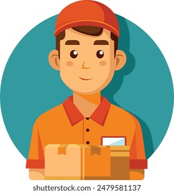 Ilustración vectorial plana de un repartidor en uniforme sosteniendo cajas de cartón en sus manos. Ilustración del repartidor para los negocios de viaje y entrega. Diseño de icono plano de mensajero con paquete.