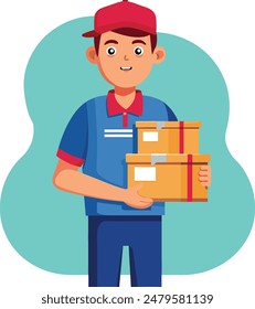 Flat vector illustration of a delivery man in uniform holding cardboard boxes in his hands. Delivery man illustration for travel and delivery businesses. Flat icon design of courier with parcel.