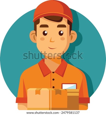 Flat vector illustration of a delivery man in uniform holding cardboard boxes in his hands. Delivery man illustration for travel and delivery businesses. Flat icon design of courier with parcel.