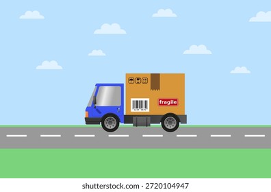 Flat vector illustration of a delivery truck transporting a cardboard package labeled fragile on a road under a blue sky.