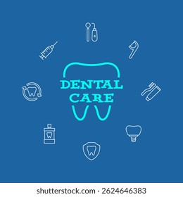 Flat vector illustration of dental care concept with tooth silhouette and surrounding line icons such as toothbrush, implant, syringe, and mouthwash on dark blue background. Ideal for dental promotion