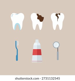 Ilustração de vetor plano de conjunto de cuidados dentários com dentes saudáveis e cariados com escova de dentes e pasta de dente.
