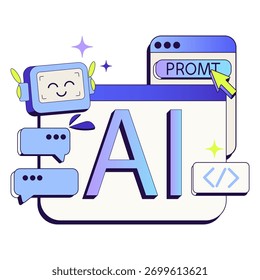 Ilustração de vetor plano representando inteligência artificial trabalhando em um computador em tons de cor azul. Conceito digital moderno mostrando tecnologia de IA, inovação e sistemas inteligentes.