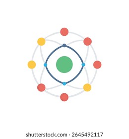 Ilustração de vetor plano representando um átomo com esferas coloridas orbitando um núcleo sobre fundo branco, design limpo.