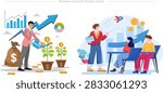 Flat vector illustration depicting business growth, investment development, and financial fantasy concepts across two distinct scenes. The left scene displays an investor watering money plants growing dollar coins inside pots next to a big cash sack, rising bar charts, and a blue upward trend arrow. The right scene features a presenter holding a clipboard during a team meeting, launching a space rocket graphic while pointing towards colleagues sitting at a desk in front of an increasing performance graph. Created with colorful modern characters on a white background, making it suitable for startup pitch decks, financial strategy presentations, corporate goal banners, investment websites, and marketing landing pages.