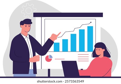 A flat vector illustration depicting a business meeting with graphs, emphasizing teamwork and data analysis.